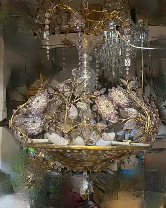 1970s Gilded Brass Chandelier with Botanical Decor, Maison Baguès Style, Colored Glass Leaves and Flowers