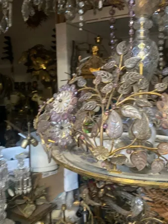1970s Gilded Brass Chandelier with Botanical Decor, Maison Baguès Style, Colored Glass Leaves and Flowers