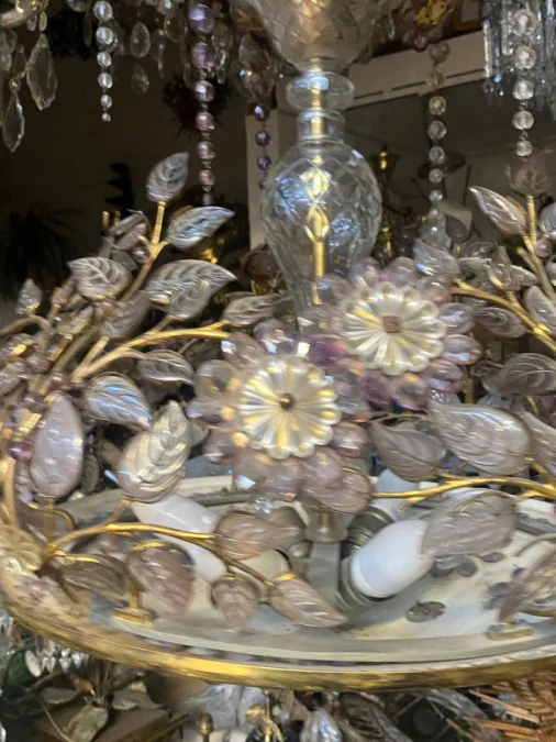 1970s Gilded Brass Chandelier with Botanical Decor, Maison Baguès Style, Colored Glass Leaves and Flowers