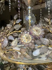 1970s Gilded Brass Chandelier with Botanical Decor, Maison Baguès Style, Colored Glass Leaves and Flowers