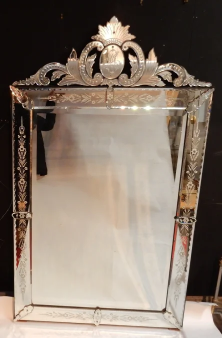 1900' Venetian Mirror with Floral Decor and Pediment