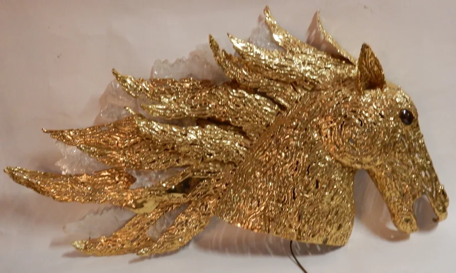 1990' Applique Éclairante Tête De Cheval en Bronze Doré et Gypse Style Duval Brasseur
