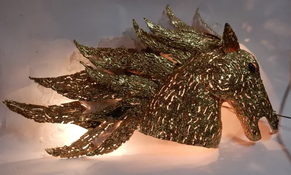 1990' Applique Éclairante Tête De Cheval en Bronze Doré et Gypse Style Duval Brasseur