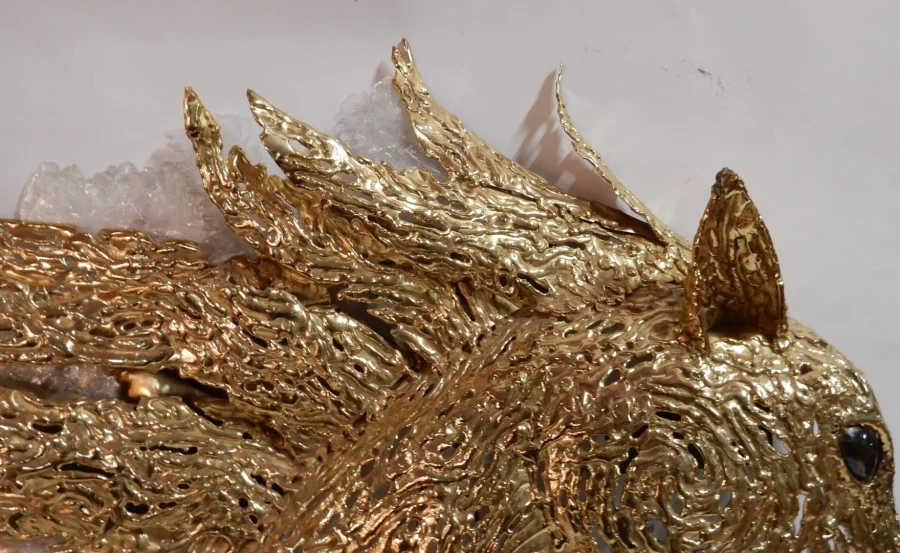 1990' Applique Éclairante Tête De Cheval en Bronze Doré et Gypse Style Duval Brasseur