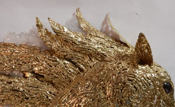 1990' Applique Éclairante Tête De Cheval en Bronze Doré et Gypse Style Duval Brasseur