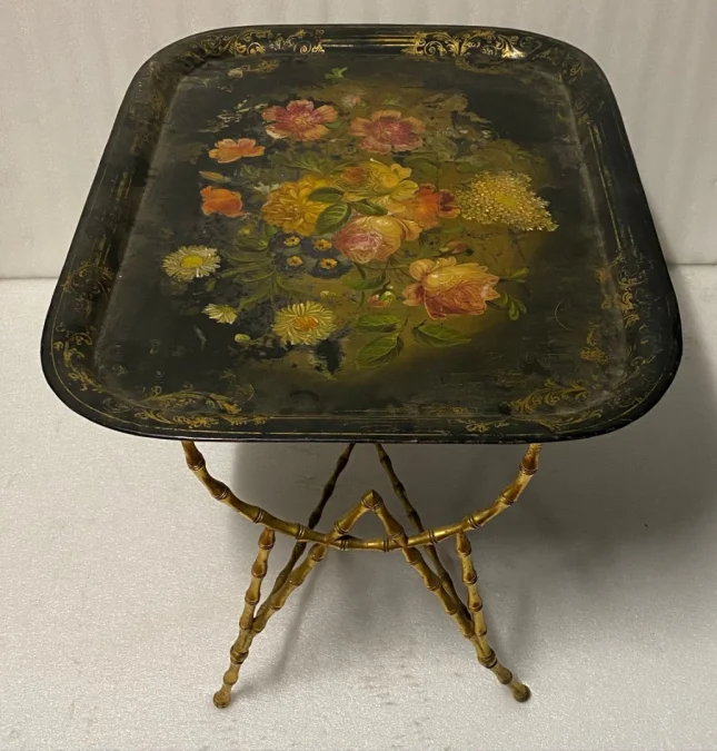 1950′ Table Basse Plateau Fer Peint Maison Bagués en Bronze Décor Bambou