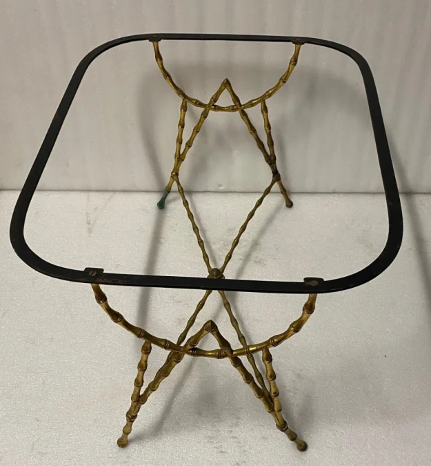 1950′ Table Basse Plateau Fer Peint Maison Bagués en Bronze Décor Bambou