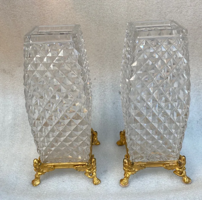 1880′ Pair Of Baccarat Vases, The Crystal Staircase, Japanese Period Gilt Bronze Base Signed