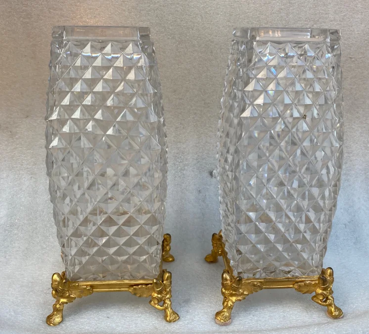 1880′ Pair Of Baccarat Vases, The Crystal Staircase, Japanese Period Gilt Bronze Base Signed