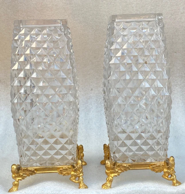 1880′ Pair Of Baccarat Vases, The Crystal Staircase, Japanese Period Gilt Bronze Base Signed