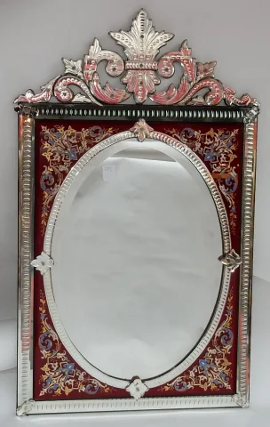1880/1900′ Rectangular Venice Pediment Mirror With Glass Frame Decorated With Enameled Flowers Red Background