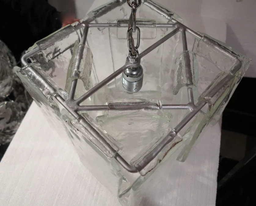 1970s Pair of Chandeliers or Lanterns by Fratelli in Cage Shape Murano Crystal