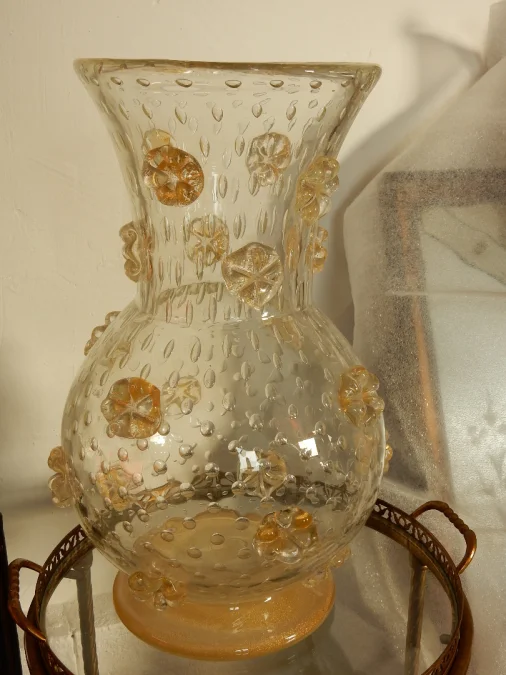 1970′ Barovier & Toso Style Murano Crystal Vase With Gold Flakes Unsigned