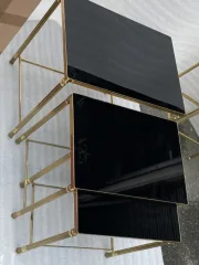 1970′ Tables Gigognes Maison Baguès, 3 Plateaux Miroir Noir et Montants Cannelés