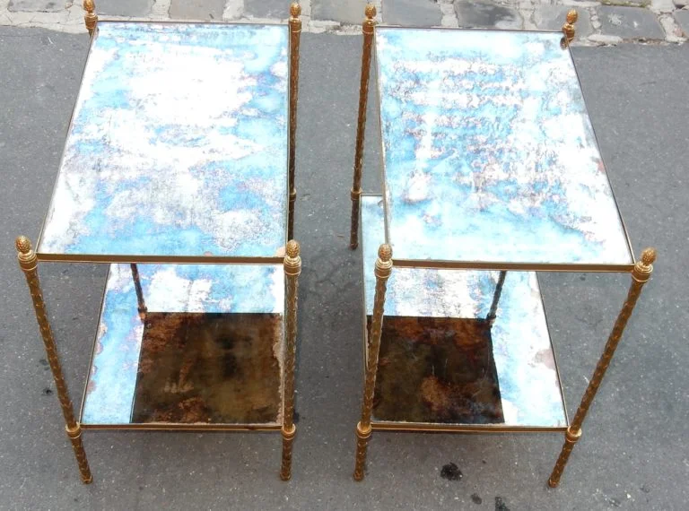 1970′ Pair of Maison Charles Style Gilt Bronze Palm Tree Upright Shelves
