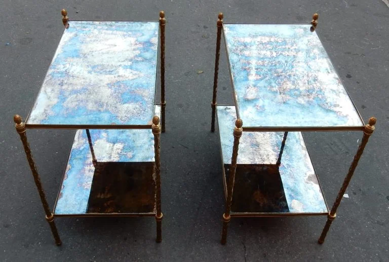 1970′ Pair of Maison Charles Style Gilt Bronze Palm Tree Upright Shelves