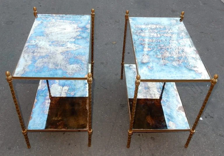 1970′ Pair of Maison Charles Style Gilt Bronze Palm Tree Upright Shelves