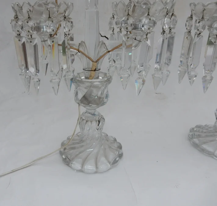 1950′ Pair of Baccarat Electrified Candlesticks Tors Model, Signed Cachet Baccarat