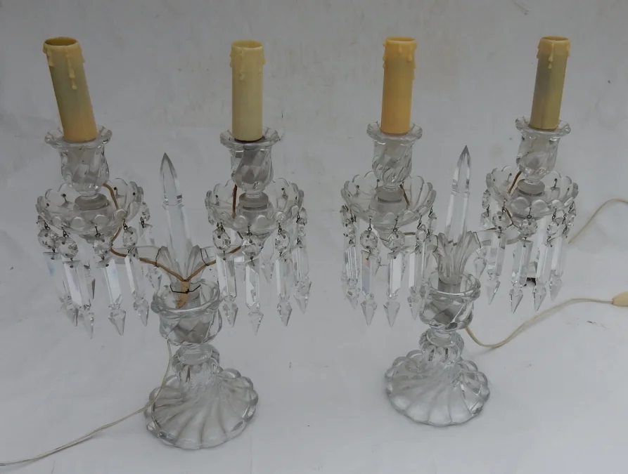 1950′ Pair of Baccarat Electrified Candlesticks Tors Model, Signed Cachet Baccarat