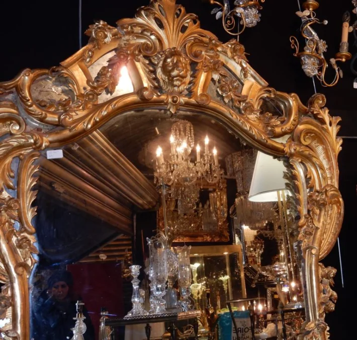 1850′ Miroir de Style Louis 15 en Bois Doré Glace Mercure