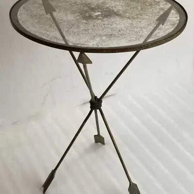 1950/70s Wrought Iron Vintage Side Table with Arrow-Shaped Decor, Jacques Adnet Style