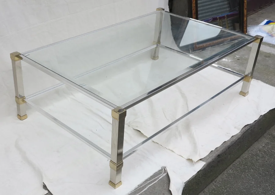 Coffee table Pierre Vandel silvery and guilted