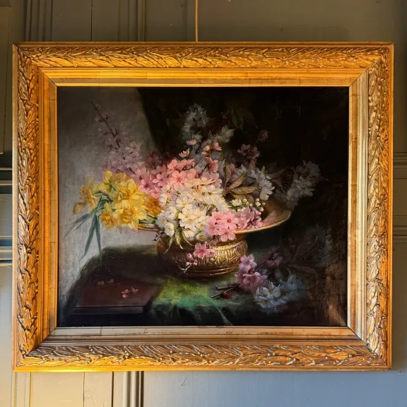 Bloemstilleven, olie op doek gedateerd 1891 — Zeer goede staat