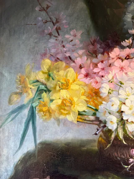 Bloemstilleven, olie op doek gedateerd 1891 — Zeer goede staat