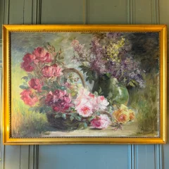 大型花卉絵画、バラとライラック、A. Wolf 署名