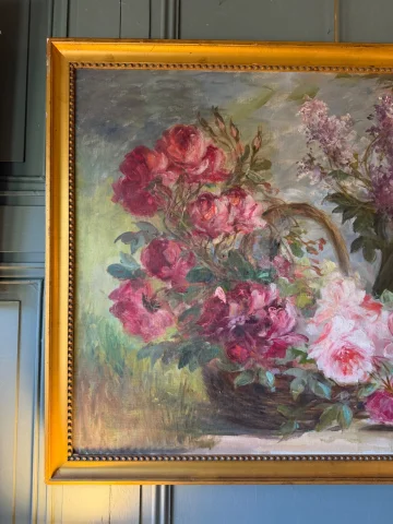 Large floral painting with roses and lilacs, signed A. Wolf — Very good condition