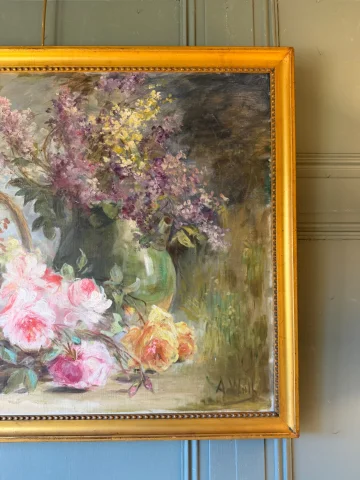 Large floral painting with roses and lilacs, signed A. Wolf — Very good condition