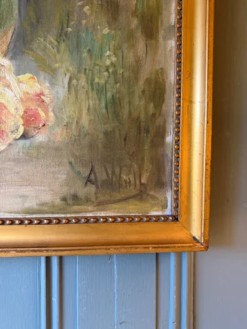 Large floral painting with roses and lilacs, signed A. Wolf — Very good condition