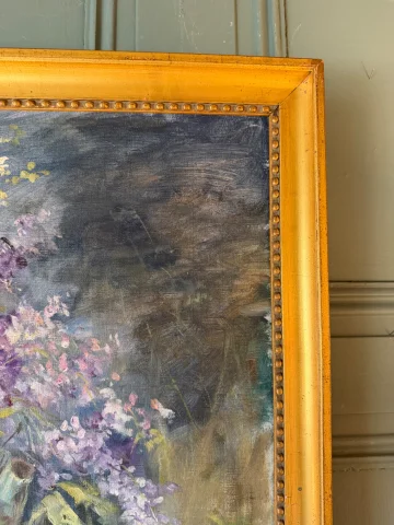 Large floral painting with roses and lilacs, signed A. Wolf — Very good condition