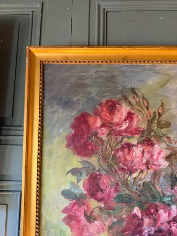 Large floral painting with roses and lilacs, signed A. Wolf — Very good condition
