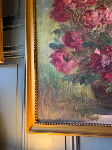 Large floral painting with roses and lilacs, signed A. Wolf — Very good condition