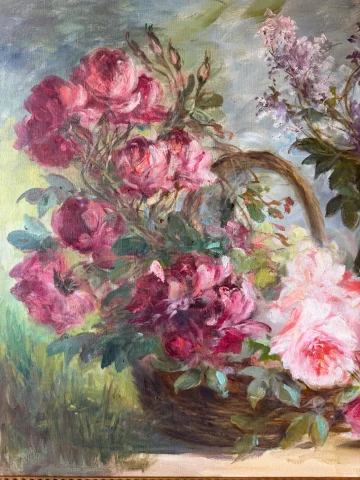 Large floral painting with roses and lilacs, signed A. Wolf — Very good condition