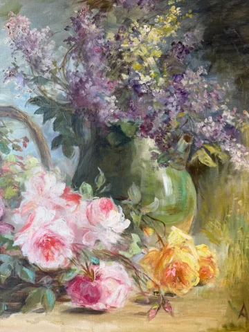 Large floral painting with roses and lilacs, signed A. Wolf — Very good condition