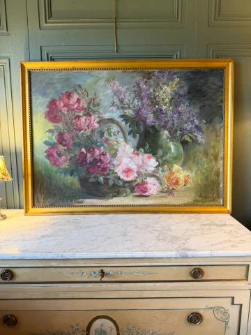 Large floral painting with roses and lilacs, signed A. Wolf — Very good condition