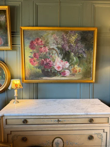 Large floral painting with roses and lilacs, signed A. Wolf — Very good condition