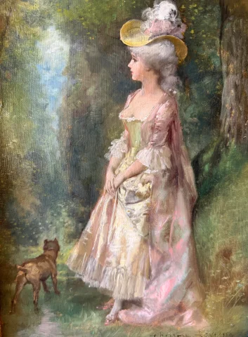 テオドール・レヴィーニュ（Théodore Lévigne）1848–1912《優雅な女性と犬》 — 非常に良好