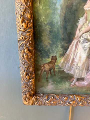 テオドール・レヴィーニュ（Théodore Lévigne）1848–1912《優雅な女性と犬》 — 非常に良好