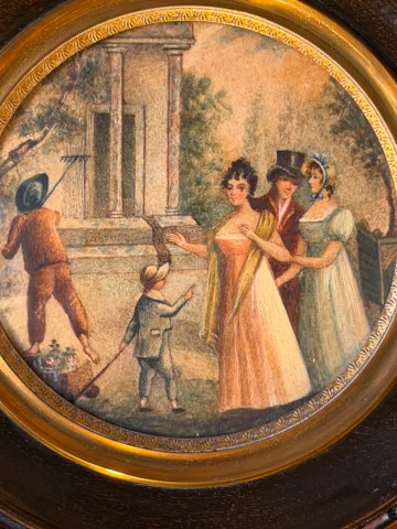 19th-century miniature, elegant promenade in a garden — Very good condition
