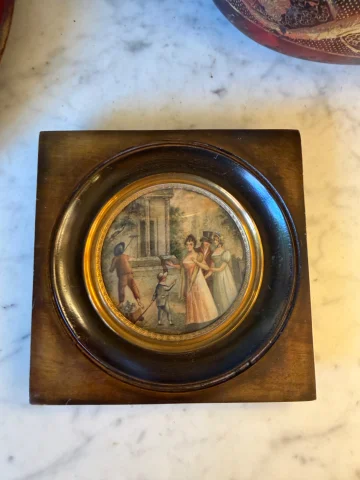 19th-century miniature, elegant promenade in a garden — Very good condition