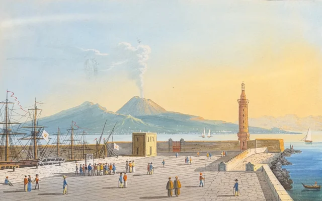 Eruption des Vesuv vom Molo von Neapel, Gouache 19. Jahrhundert — Sehr guter Zustand