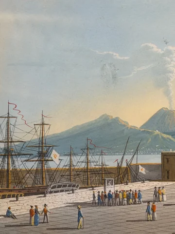 Eruption des Vesuv vom Molo von Neapel, Gouache 19. Jahrhundert — Sehr guter Zustand