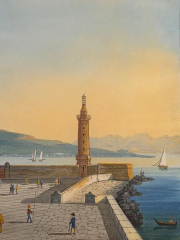 Eruption des Vesuv vom Molo von Neapel, Gouache 19. Jahrhundert — Sehr guter Zustand