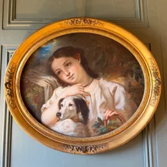 Portait d'une jeune fille au chien, pastel XIXème d'après Cécile Berthe Lafosse