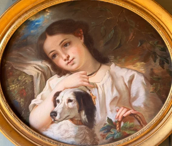 少女と犬の肖像、セシル・ベルト・ラフォス作に倣った19世紀のパステル画 — 非常に良好