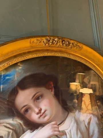 少女と犬の肖像、セシル・ベルト・ラフォス作に倣った19世紀のパステル画 — 非常に良好