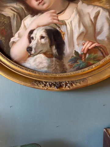 少女と犬の肖像、セシル・ベルト・ラフォス作に倣った19世紀のパステル画 — 非常に良好
